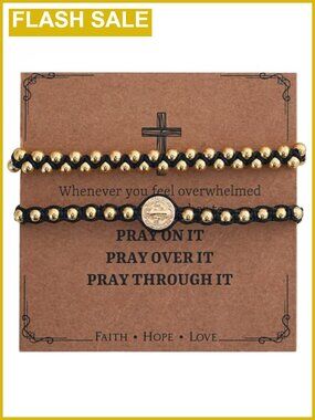 Handmade Jesus Pendant Braided Rope Gold Ball Beaded Bracelet Set Adjustable